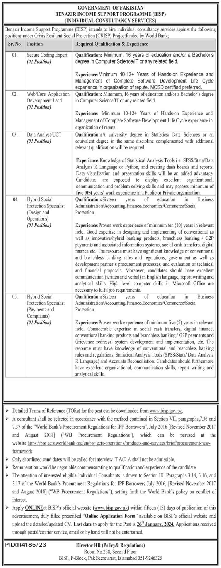 BISP Jobs 2024 - Benazir Income Support Programme 