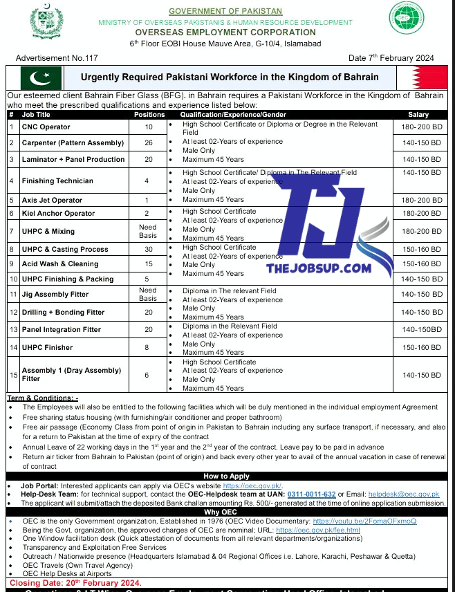 Latest OEC Bahrain Jobs For Pakistani Workforce 