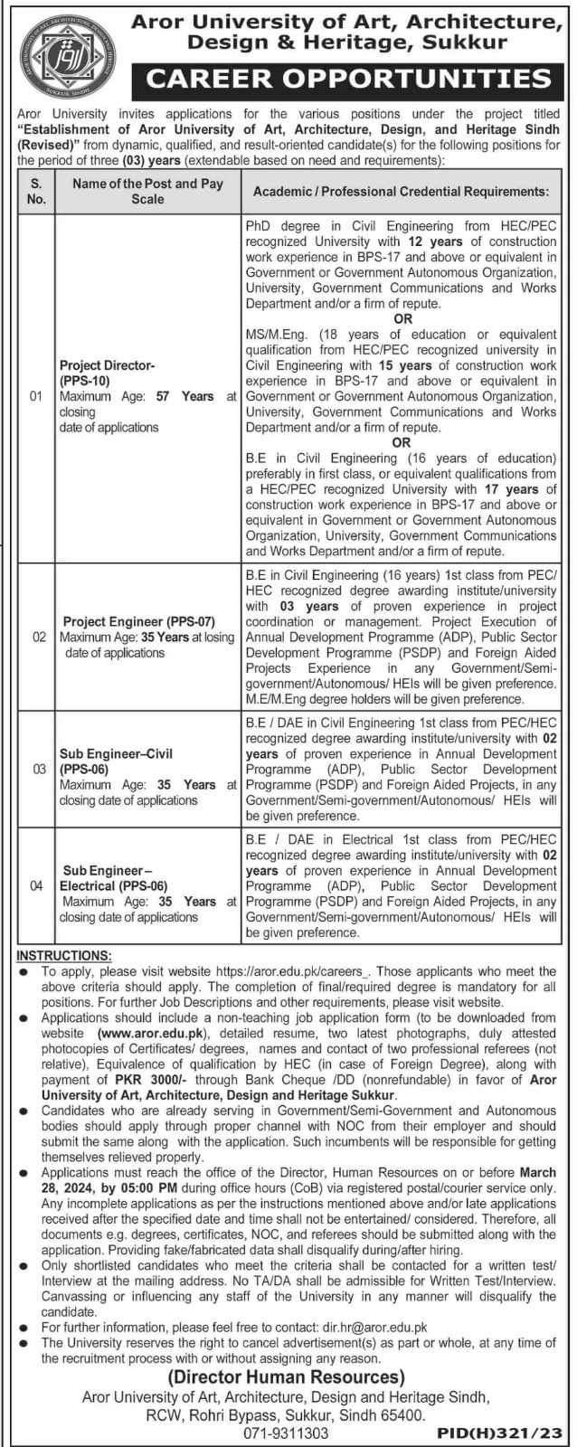 Latest Aror University Sukkur Jobs 2024