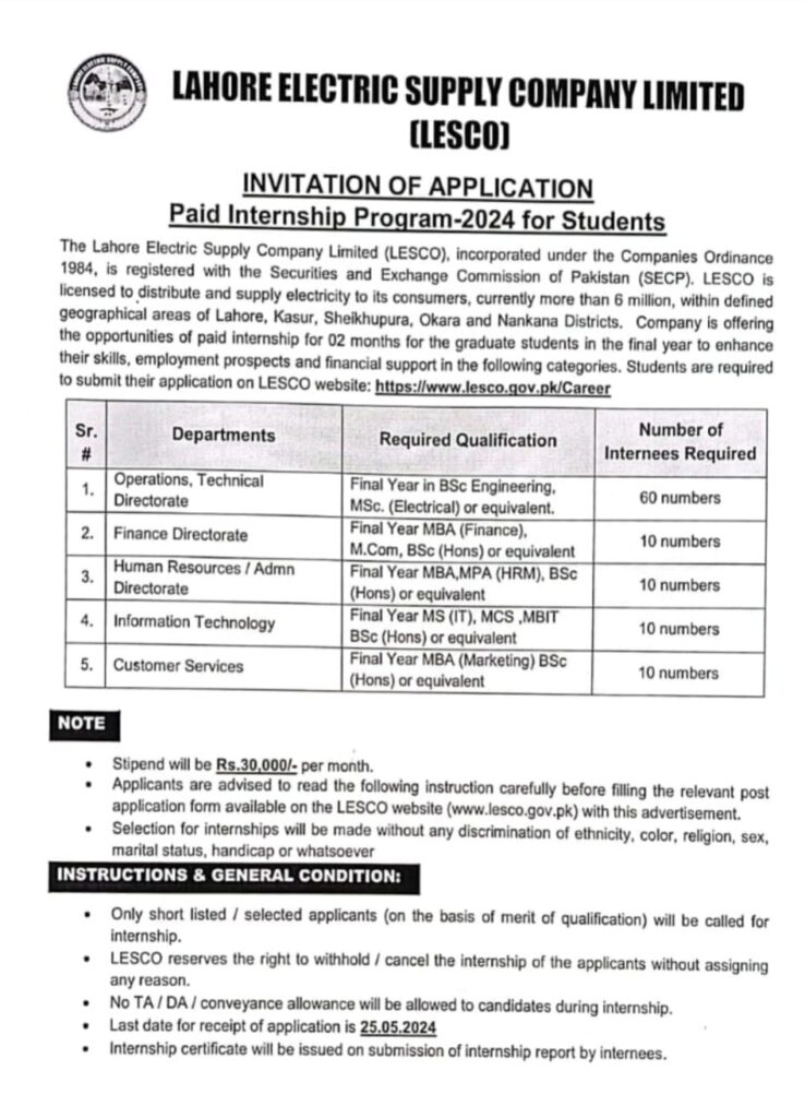 Lesco Internship Program for Students 2024 Apply Here