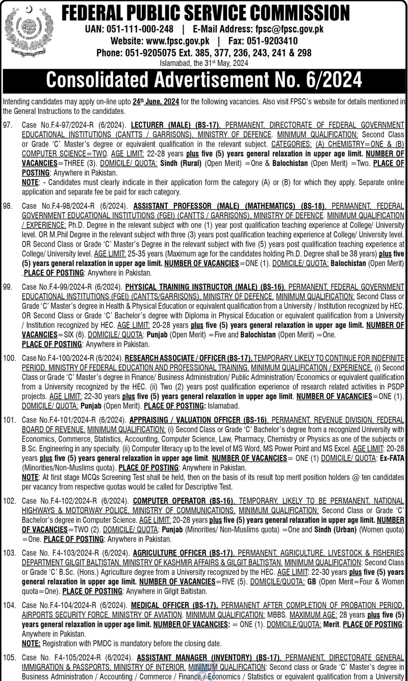 FPSC Lecturer Jobs 2024 Apply Online