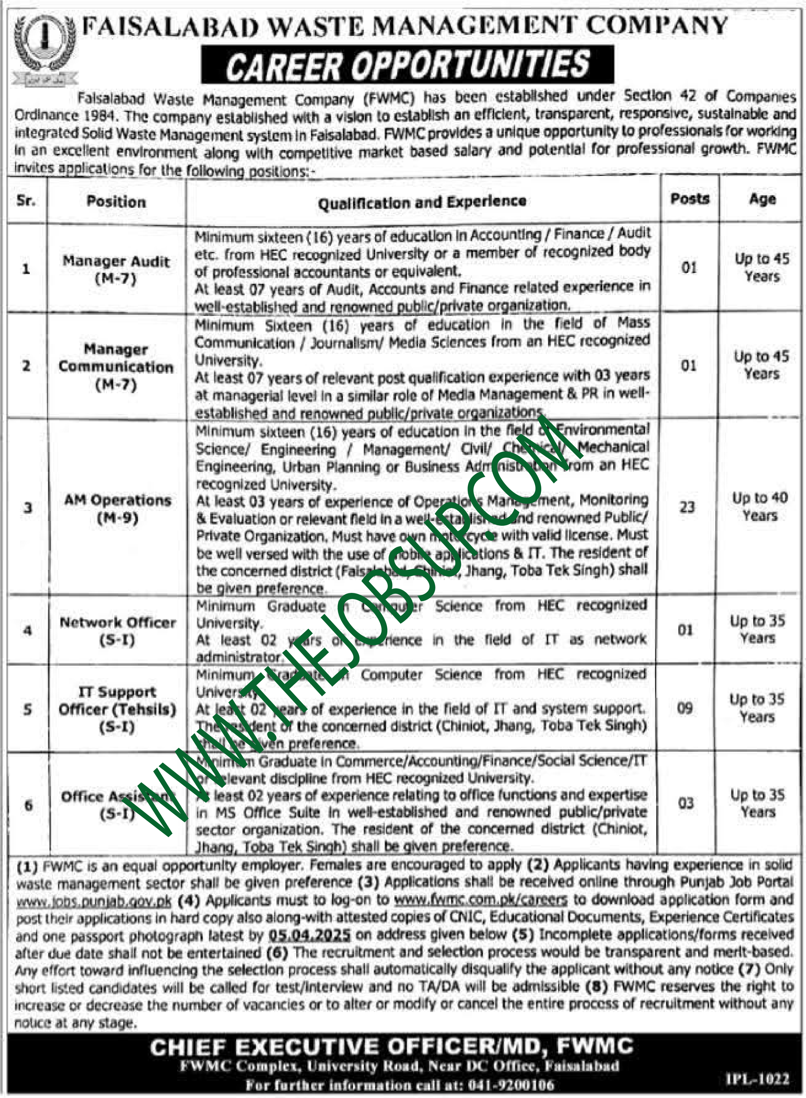 FWMC Jobs 2025 – Manager Audit and Network Officer